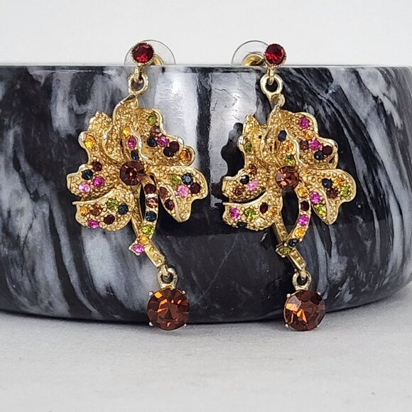 VTG Gold-Tone Floral Dangle Drop Earrings Multicolor Rhinestones Fall Fashion - Picture 5 of 10